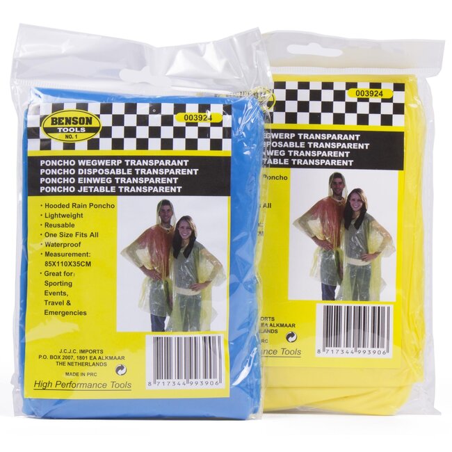 Benson Universele wegwerp poncho - lichtgewicht - transparant - mix kleur