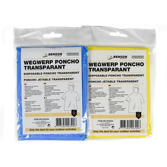 Benson Universele wegwerp poncho - lichtgewicht - transparant - mix kleur