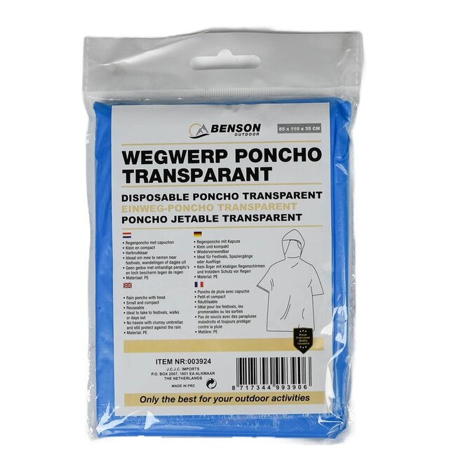 Benson Universele wegwerp poncho - lichtgewicht - transparant - mix kleur