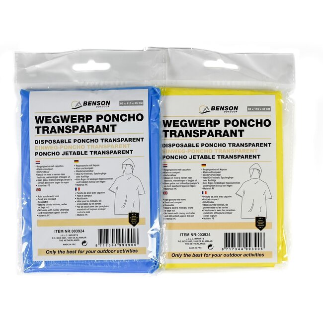 Benson Universele wegwerp poncho - lichtgewicht - transparant - mix kleur