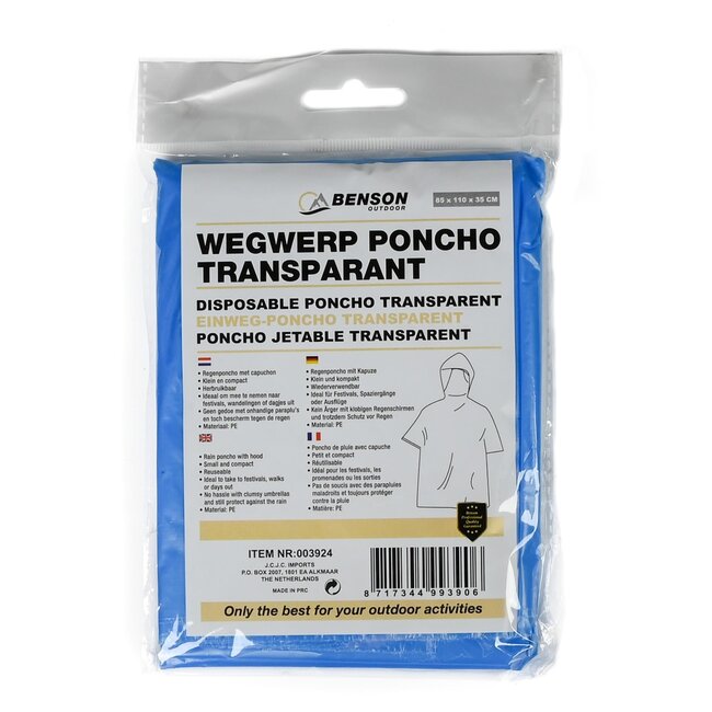 Benson Universele wegwerp poncho - lichtgewicht - transparant - mix kleur