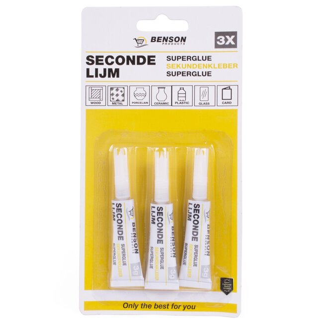 Benson Secondelijm - Sneldrogend - 3 gram per tube - 3 stuks - Transparant