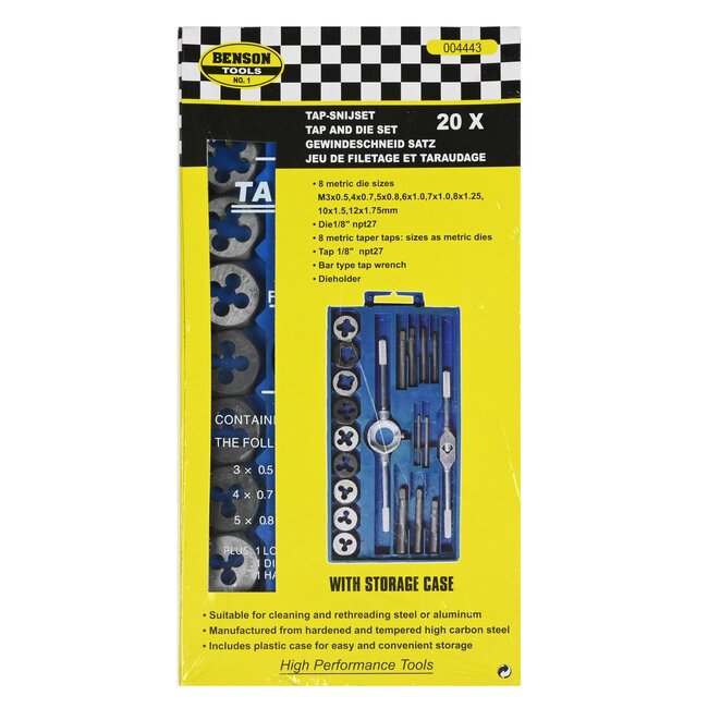 Benson 20-delige metrische tapset - M3 t/m M12 - hoogwaardig ijzer - inclusief tapsleutel en houder