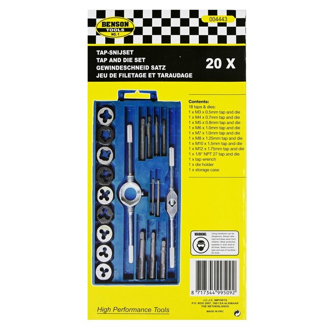 Benson 20-delige metrische tapset - M3 t/m M12 - hoogwaardig ijzer - inclusief tapsleutel en houder