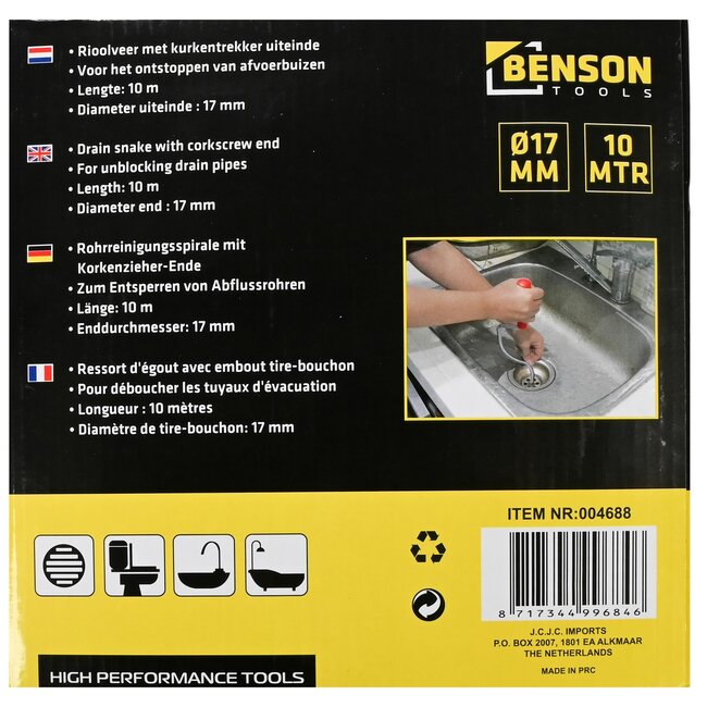 Benson Rioolveer - Handvat - 10 meter - Voor nauwkeurige rioolreiniging