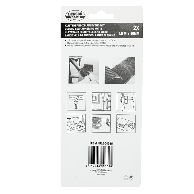 Benson Zelfklevend klittenband - wit - 19 mm breed - 2 x 1 meter - veelzijdig en makkelijk