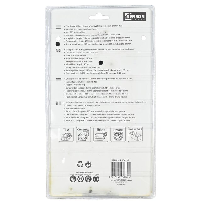 Benson Beitelset SDS Plus - 4 delig - Voor steen, tegels en beton - Hoogwaardig staal