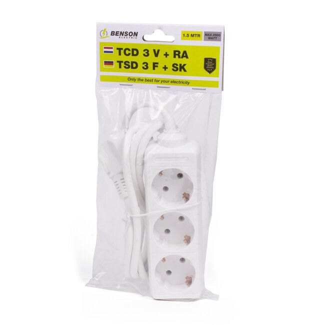 Benson Stekkerdoos - 3 aansluitpunten - 1.5 meter - geaard - wit