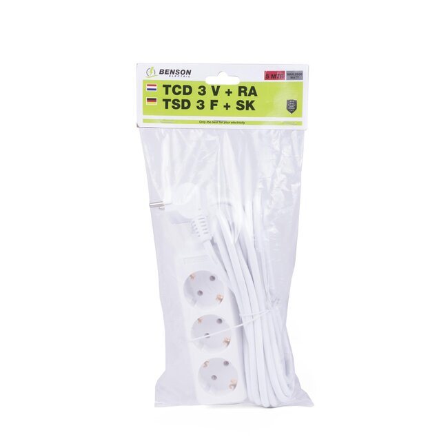 Benson Stekkerdoos - 3-voudig - 5 meter - geaard - wit - CE-gekeurd