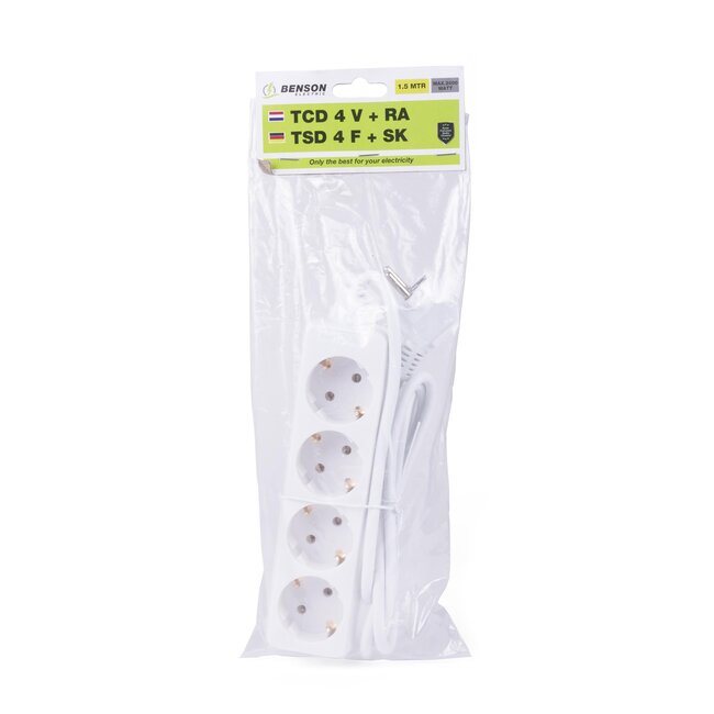 Benson Verlengsnoer met randaarde - 4-voudig - 1,5 meter - wit
