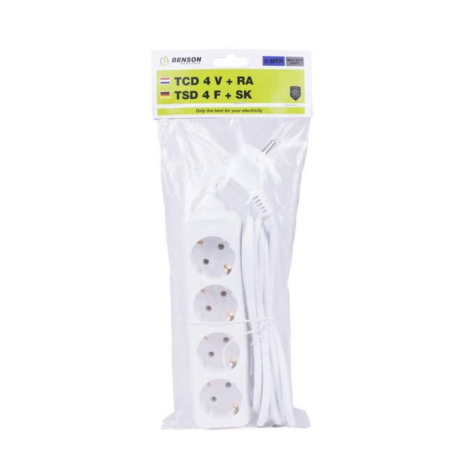 Benson Tafelcontactdoos - 4 voudig - Randaarde - 3 meter - Wit - 2500W