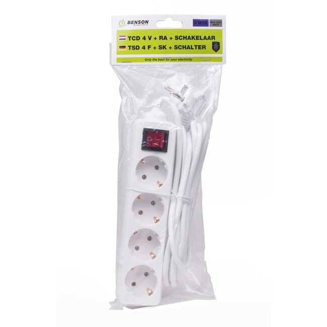 Benson Tafelcontactdoos - 4 voudig - randaarde - schakelaar - 3 meter - wit