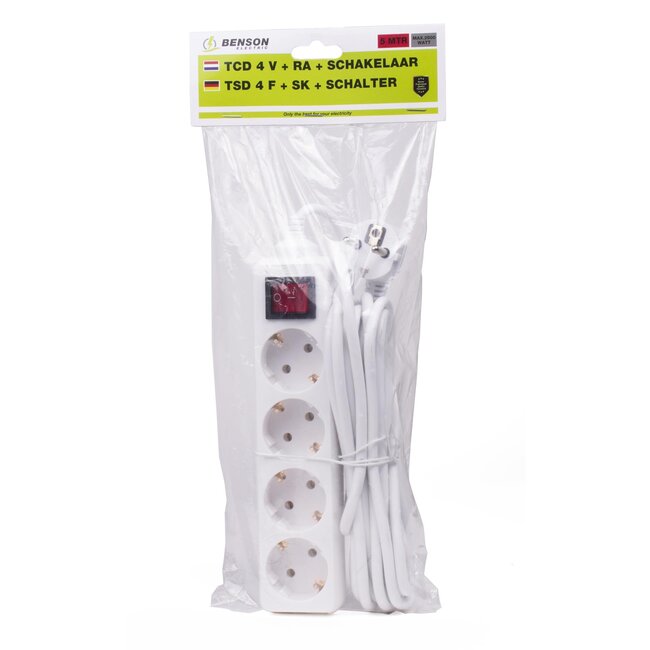 Benson Stekkerdoos - 4-voudig - 5 meter kabel - met schakelaar - geaard