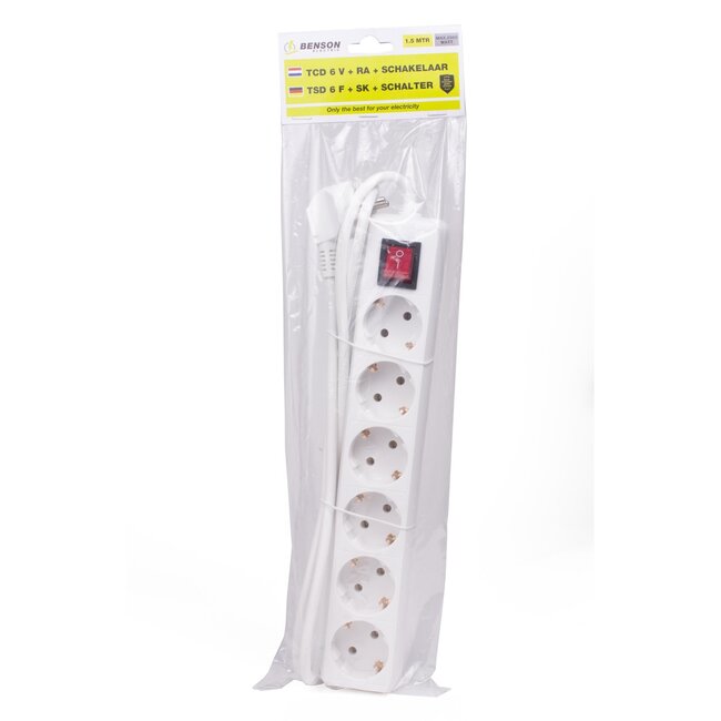 Benson Stekkerdoos - 6-voudig - Randaarde - Schakelaar - 1.5 meter - Wit