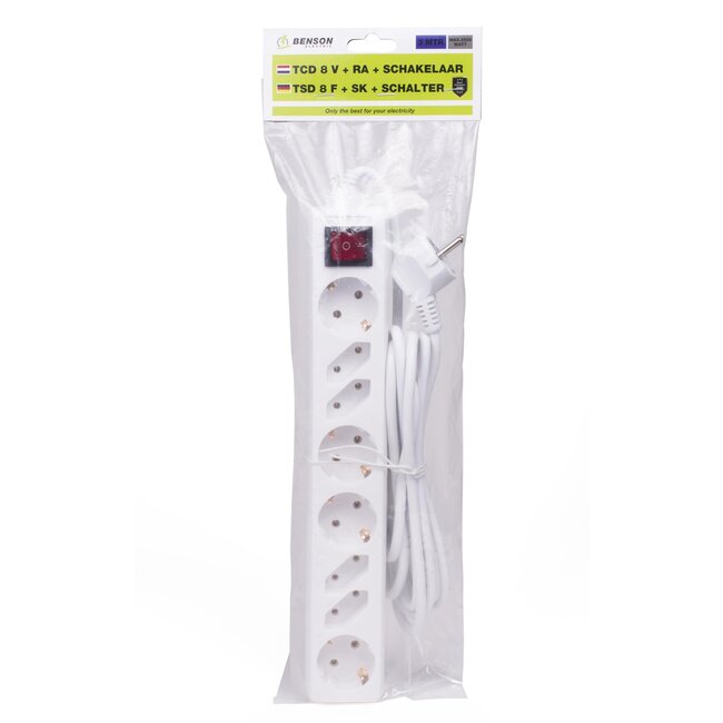 Benson Stekkerdoos - 8 aansluitingen - met schakelaar - 3 meter kabel - wit