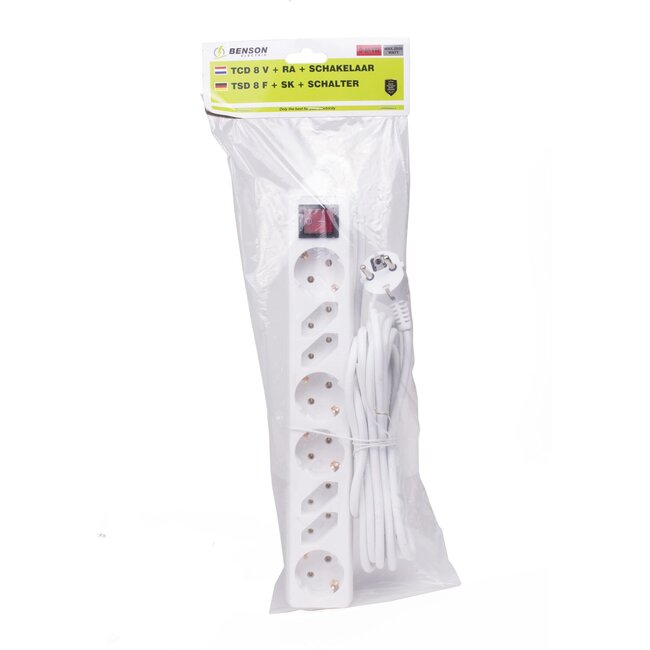 Benson Stekkerdoos - 8 stopcontacten - 5 meter kabel - met schakelaar - wit