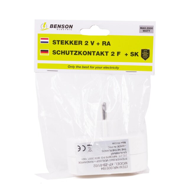 Benson Verloopstekker - 2 x randaarde - verticaal - wit - 16A - 240V