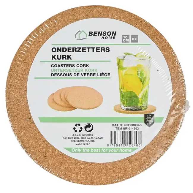 Benson Set van 6 kurken onderzetters - 10 cm diameter - voor glazen en bekers