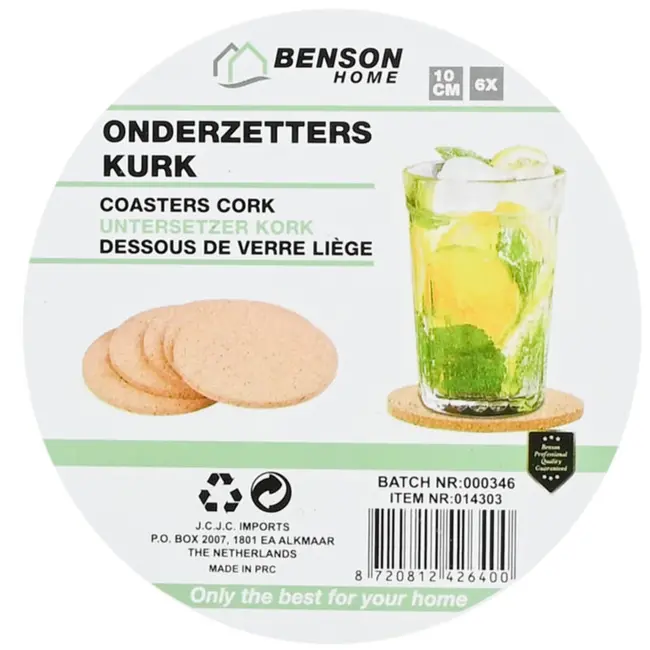 Benson Set van 6 kurken onderzetters - 10 cm diameter - voor glazen en bekers