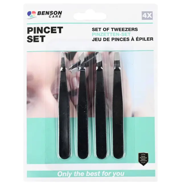 Benson 4-delige pincet set - veelzijdig - zwart - 9 cm