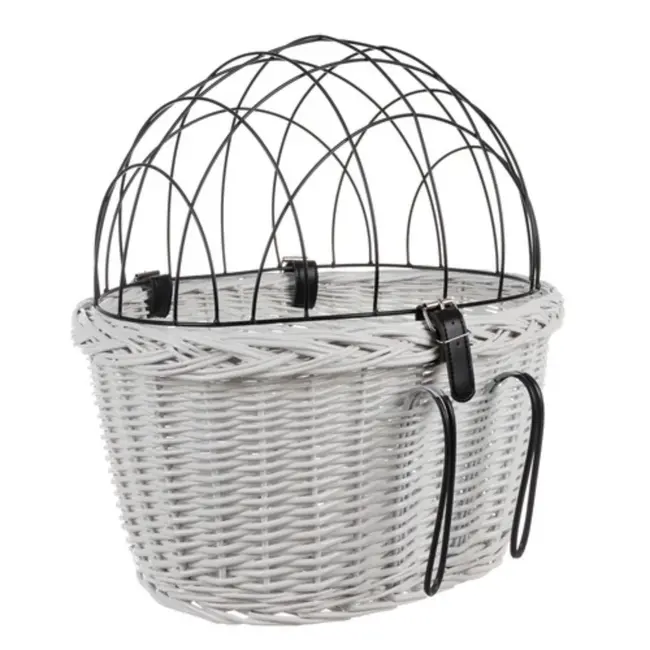 Purlov Witte rieten fietsenmand voor veilig vervoer van huisdieren