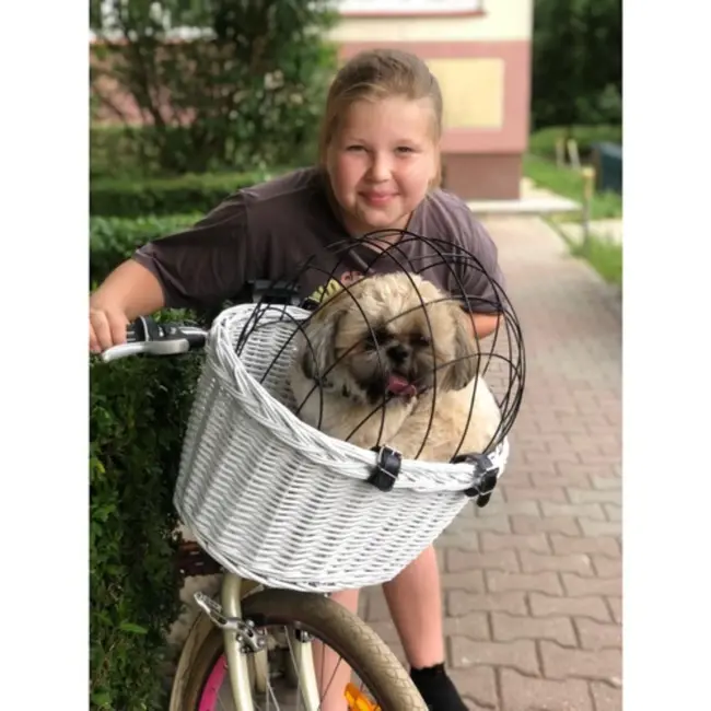 Purlov Witte rieten fietsenmand voor veilig vervoer van huisdieren