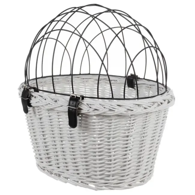 Purlov Witte rieten fietsenmand voor veilig vervoer van huisdieren
