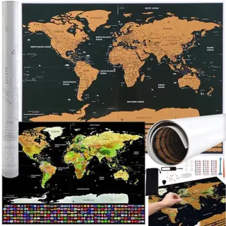 Malatec Wereldkaart Krasposter met Vlaggen en Accessoires - Perfect voor Reizigers