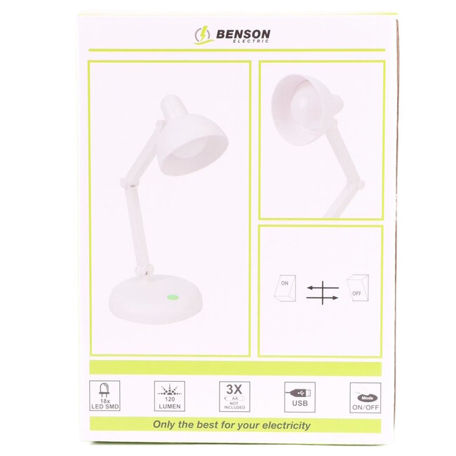 Benson Opvouwbare LED-lamp - 18 SMD LED's - Verstelbare lampkop - Wit - USB en batterijvoeding