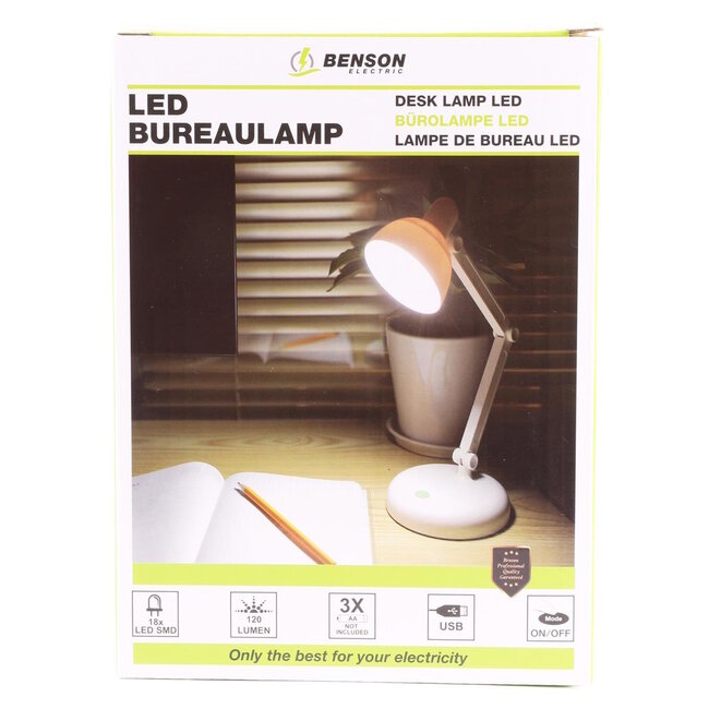 Benson Opvouwbare LED-lamp - 18 SMD LED's - Verstelbare lampkop - Wit - USB en batterijvoeding