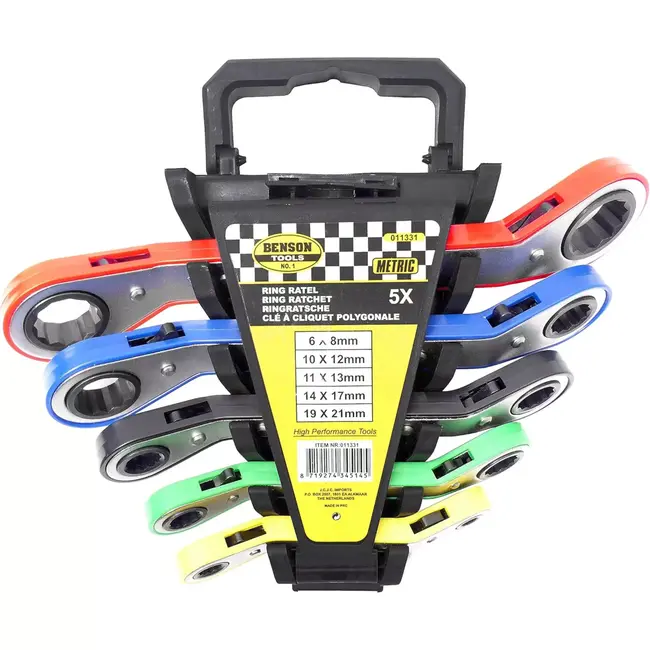 Benson Kleurrijke ring ratelsleutelset - 5-delig - 6 t/m 21 mm - Metrisch - Gebogen ontwerp