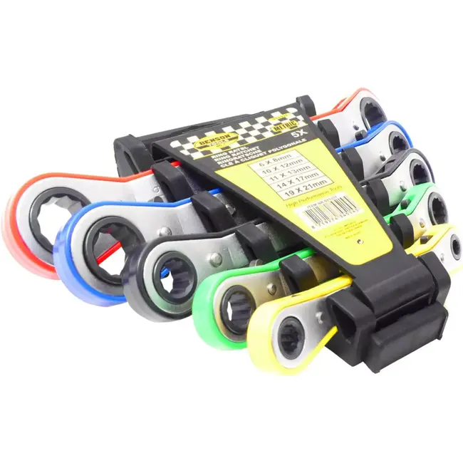 Benson Kleurrijke ring ratelsleutelset - 5-delig - 6 t/m 21 mm - Metrisch - Gebogen ontwerp