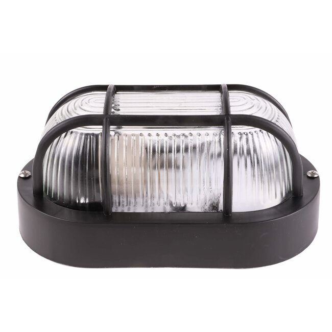 Benson Ovale buitenlamp - zwart kunststof - geribbeld glas - E27 fitting - 17 x 11 x 10.5 cm - IP44