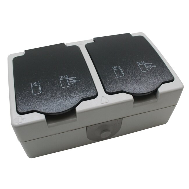 Benson Spatwaterdichte dubbele wandcontactdoos met deksel en randaarde - opbouw - IP44