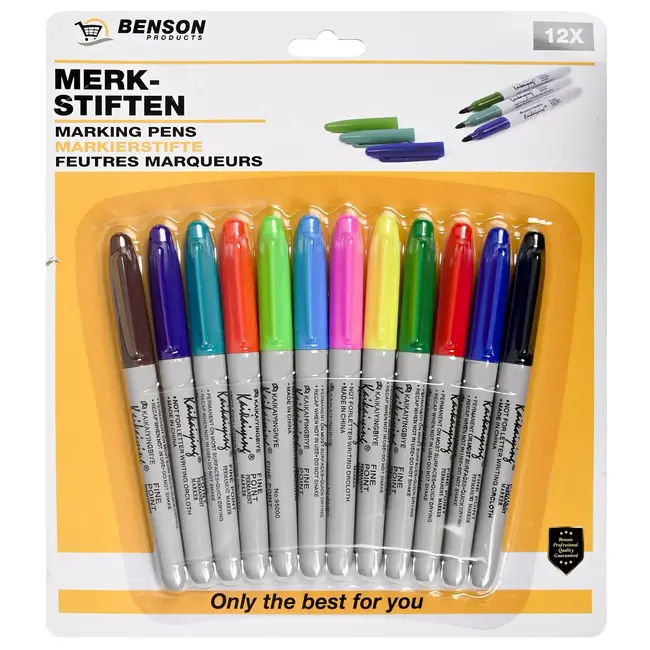 Benson 12-delige set permanente viltstiften - fijne punten - kleurrijk - veelzijdig gebruik