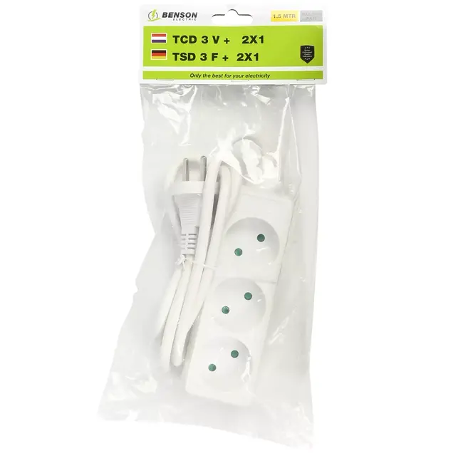 Benson Stekkerdoos - 3-voudig - 1.5 meter kabel - wit - compact ontwerp