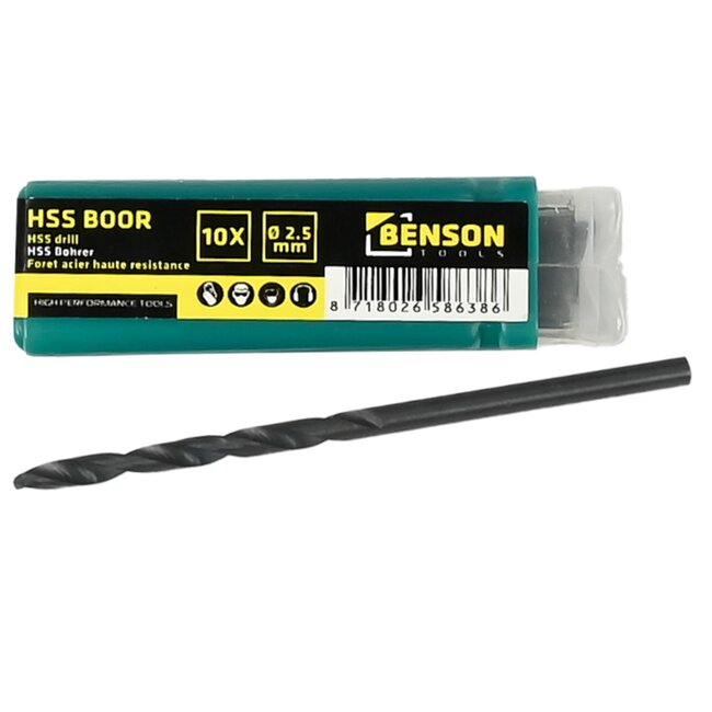 Benson Metaalborenset - HSS - 2,5 mm - 10 stuks - Korte versie - Incl. opbergbox