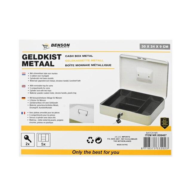 Benson Compact metalen geldkistje - cilinderslot - wit - 300 x 240 x 90 mm