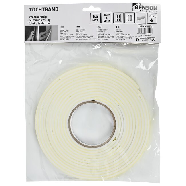 Benson Afdichtingstape - Tochtstrip - Zelfklevend - 9 mm x 5,5 meter - Wit