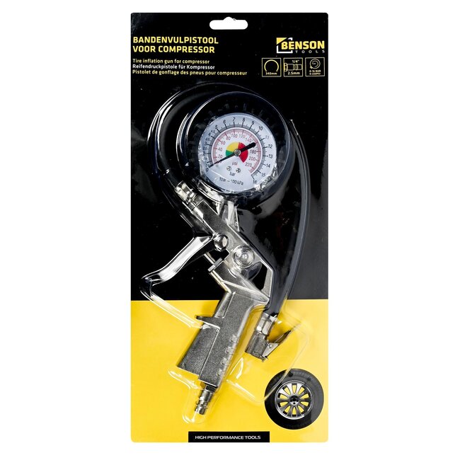 Benson Bandendrukmeter met slang - nauwkeurig - gebruiksvriendelijk - geschikt voor auto's, fietsen en scooters