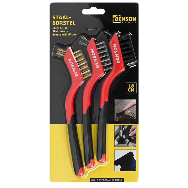 Benson Veelzijdige staalborstelset - nylon, rvs en messing - 3-delig - 18 cm - soft grip