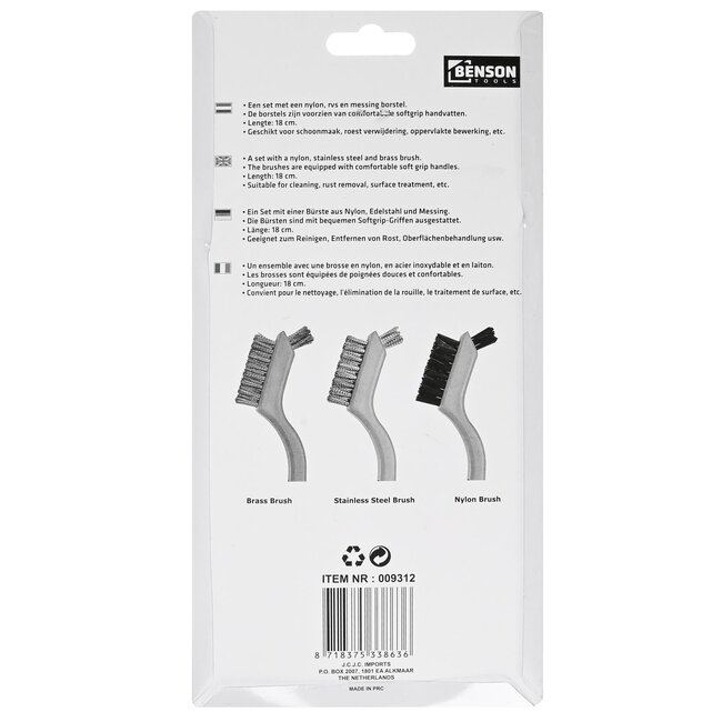 Benson Veelzijdige staalborstelset - nylon, rvs en messing - 3-delig - 18 cm - soft grip