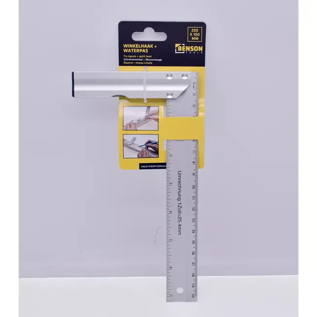 Benson Winkelhaak met waterpas - aluminium - 200 x 100 mm - 20 cm liniaal - 90 graden hoek