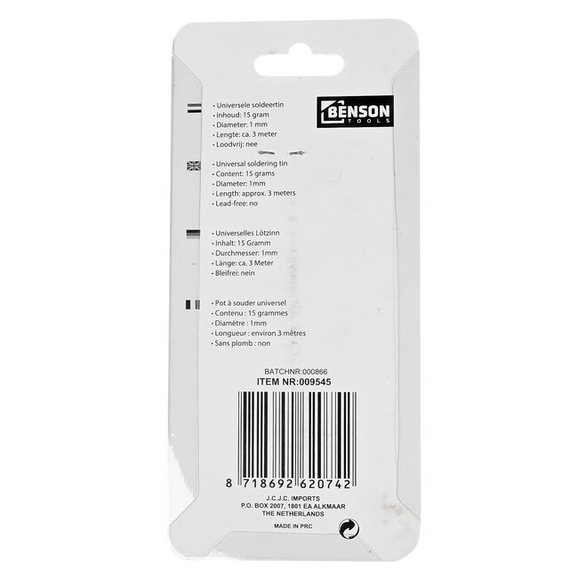 Benson Soldeertin - 1 mm - 3 meter - Handige dispenser - 60% tin, 40% lood
