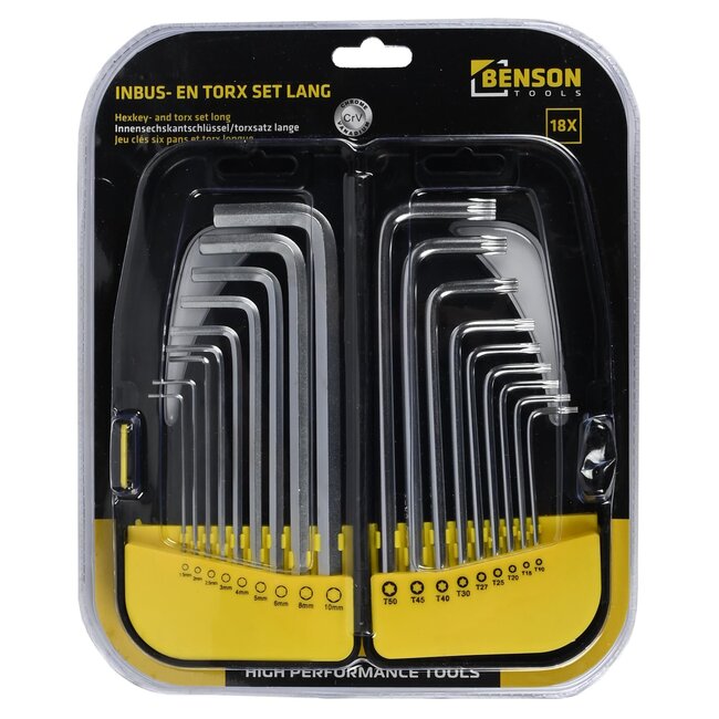 Benson Lange inbus- en Torx sleutelset - 18-delig - chroom-vanadiumstaal - stevige opbergdoos