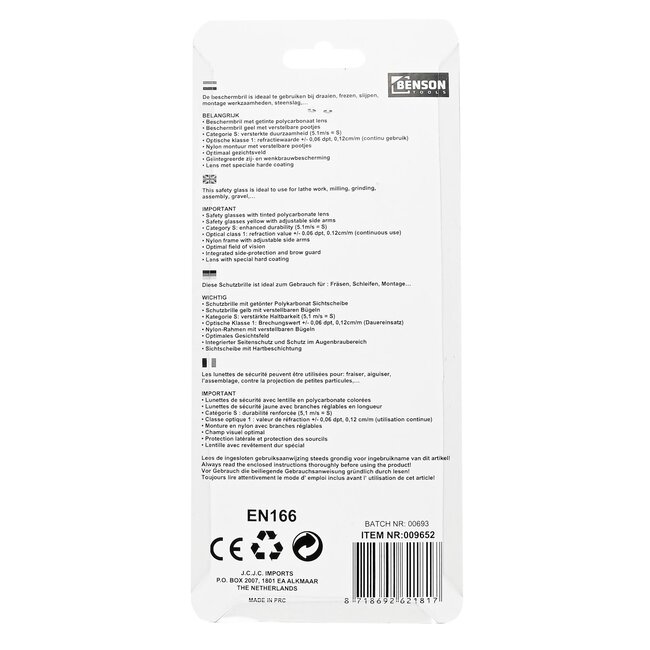 Benson Professionele veiligheidsbril - lichtgewicht - antikras - verstelbaar - zwart