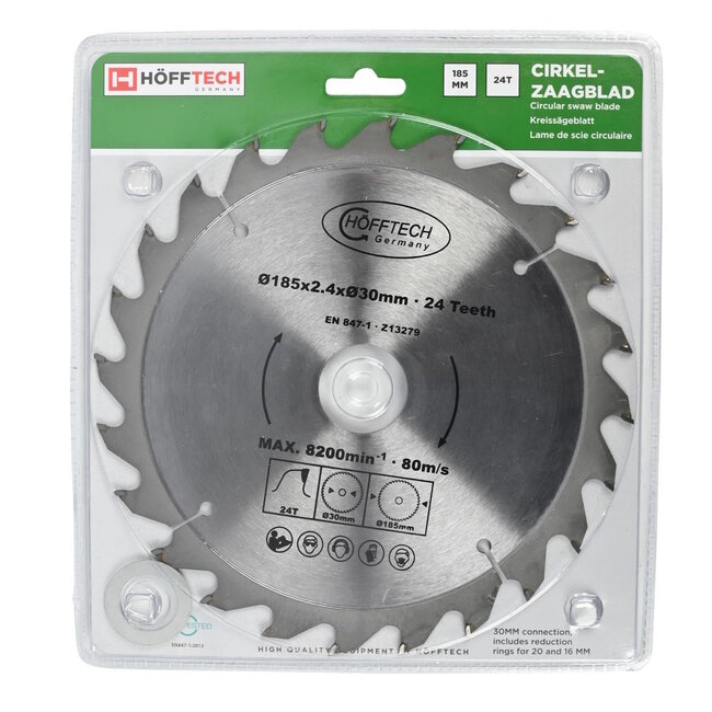 Hofftech Zaagblad cirkelzaag - 24 tanden - inclusief verloopringen - Ø 185 mm