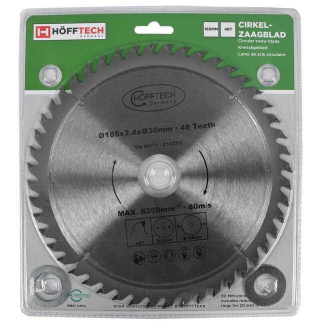 Hofftech Zaagblad cirkelzaag - 48 tanden - Ø 185 mm - Inclusief verloopringen