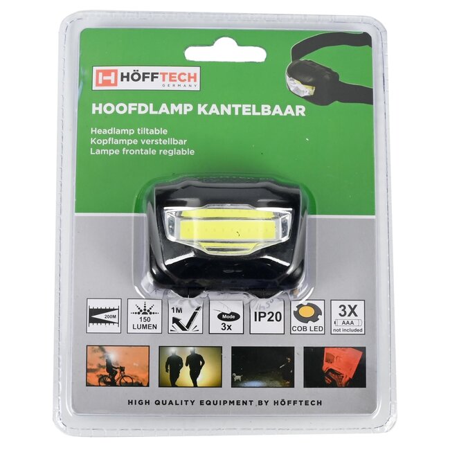 Hofftech Kantelbare hoofdlamp - Ultra helder COB LED - 3 Watt - Flexibele hoofdband - 150 lumen