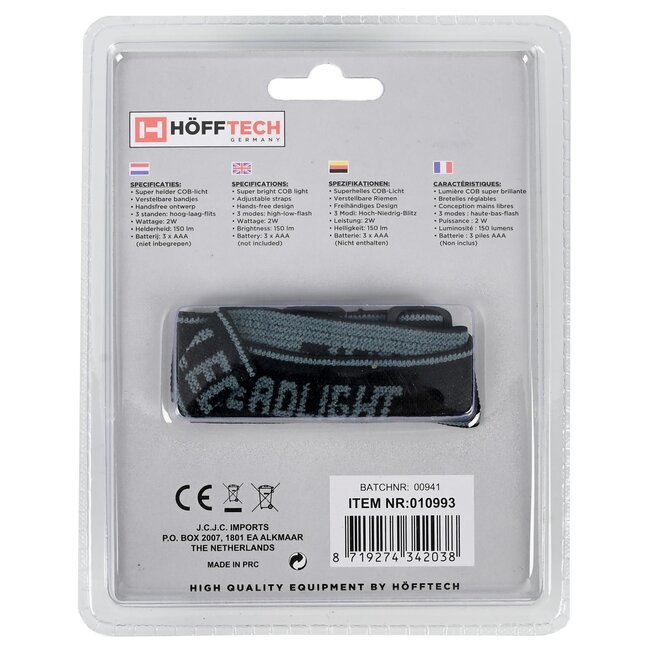 Hofftech Kantelbare hoofdlamp - Ultra helder COB LED - 3 Watt - Flexibele hoofdband - 150 lumen